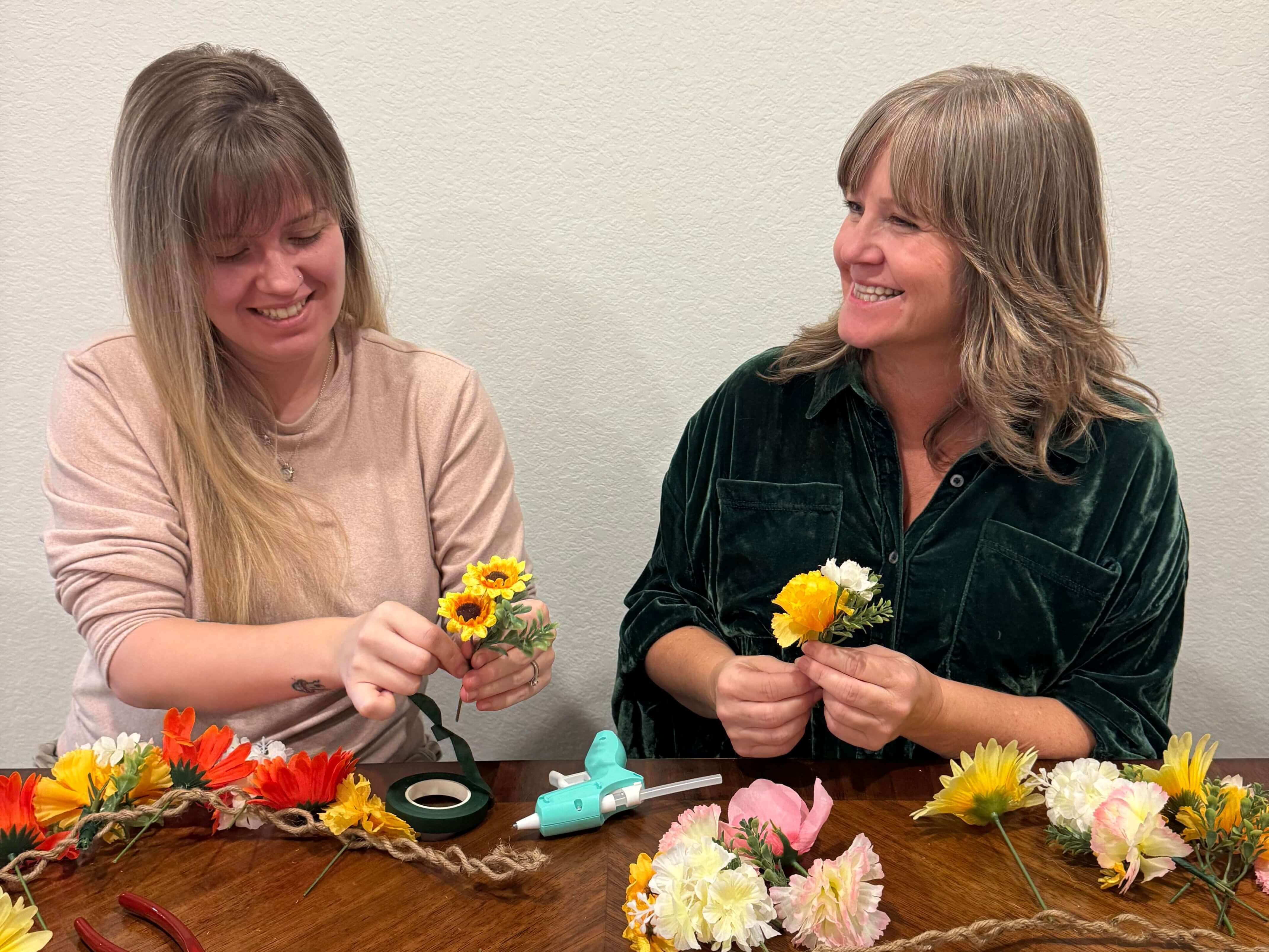 Crafting a flower crown at a workshop