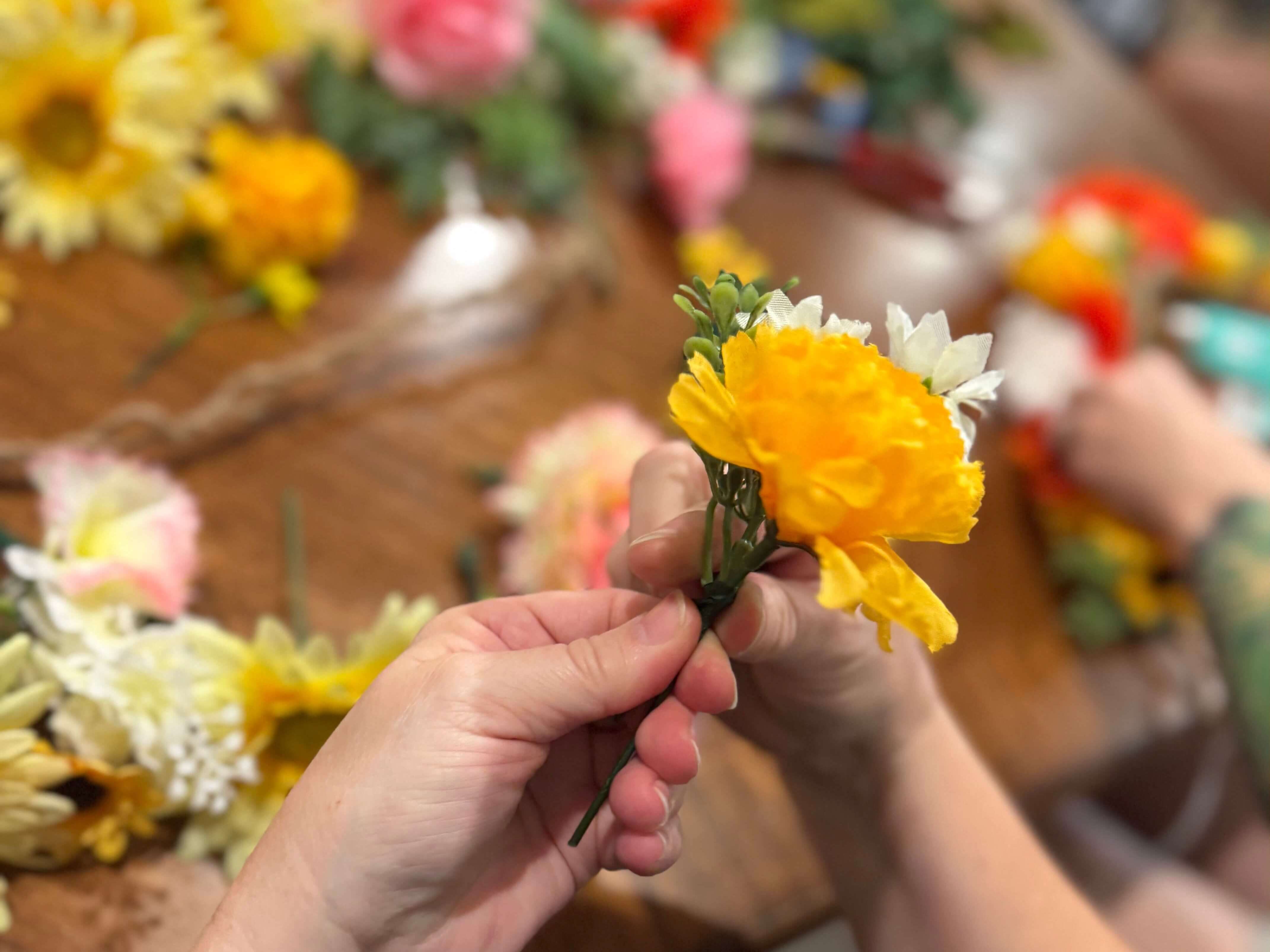 Silk flowers used in the flower crown workshop