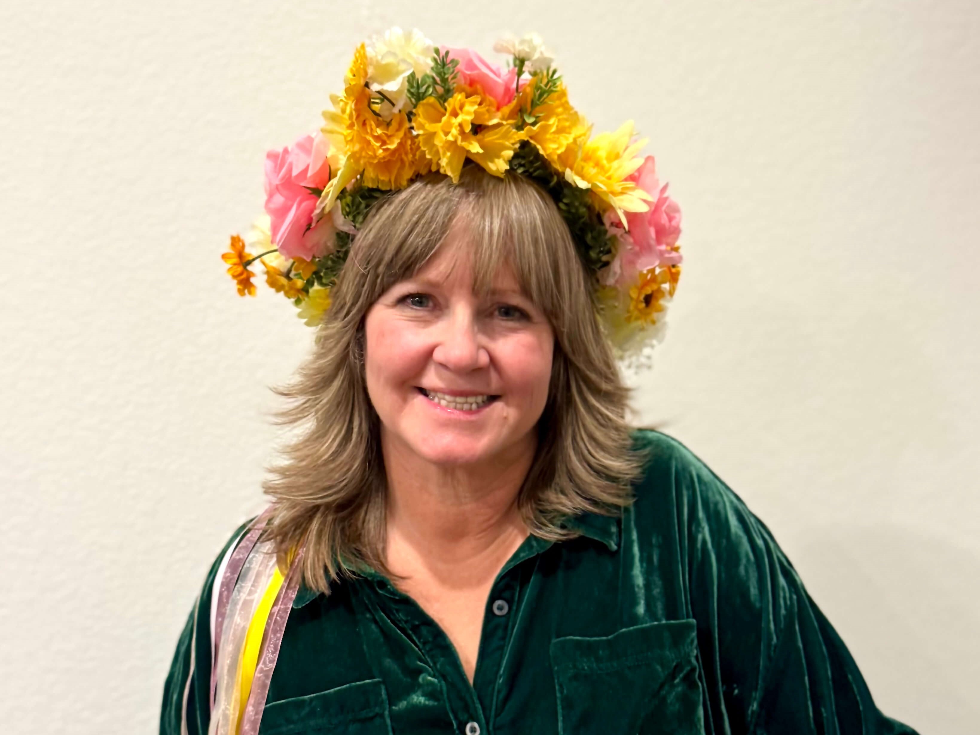 Finished flower crown worn by a model