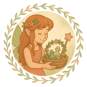 Decorative icon showing handcrafted flower crowns, fairy wands, and enchanted jewelry